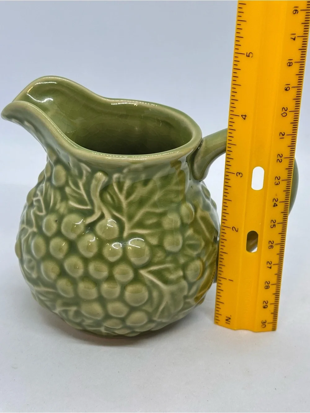 Vintage Green Grape Vine Ceramic Sugar Bowl with Lid and Creamer Set*Has Crazing